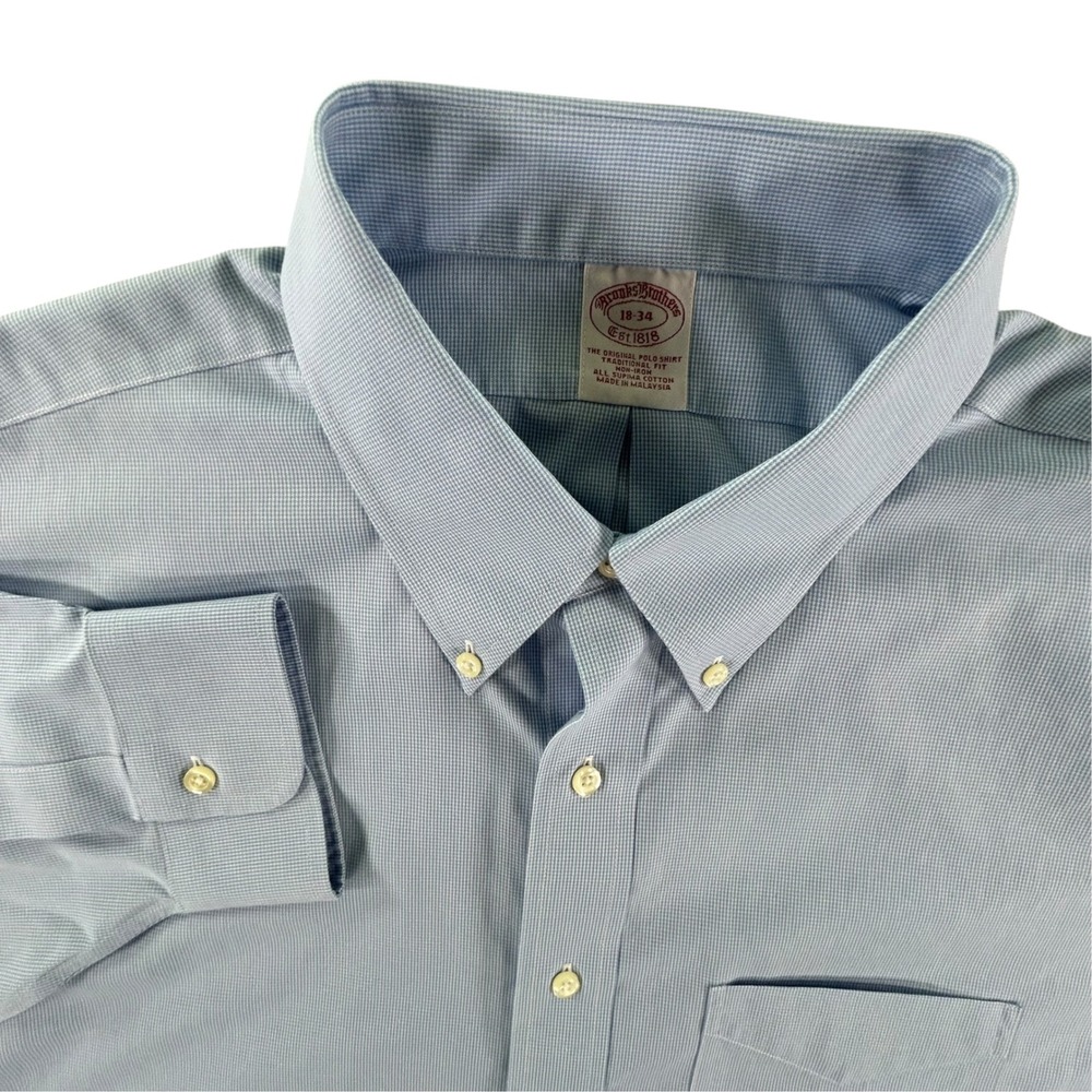 Brooks Brothers 18-34 Blue Micro Check Supima Cotton Non-Iron Dress Shirt Mens